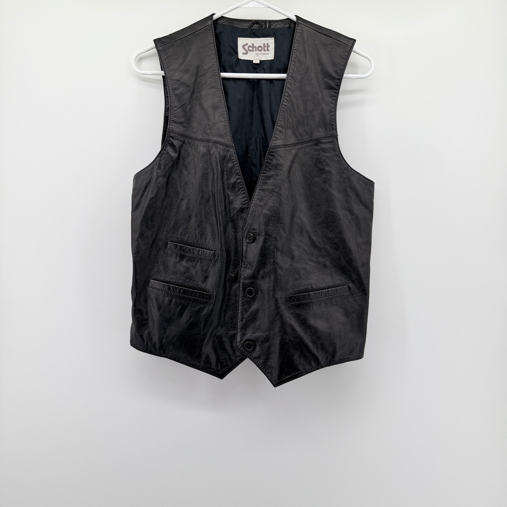 Schott Sportswear Mens Black Leather Button Front Vest Size Medium Made in USA